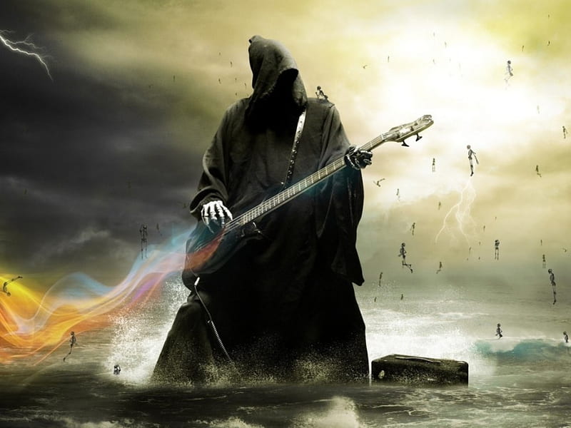 Death plays the guitar, death, guitar, music, play, night, HD wallpaper
