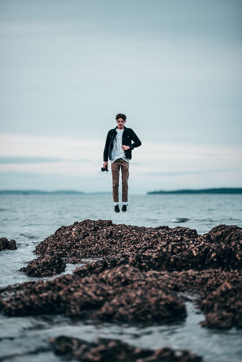 man, jump, levitation, sea, coast, HD phone wallpaper