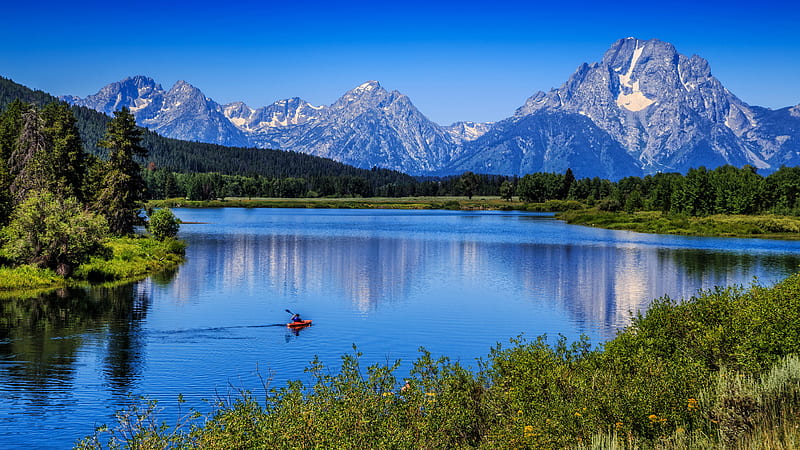 Boat On River In Grand Teton National Park With Landscape Of Mountains Nature, HD wallpaper