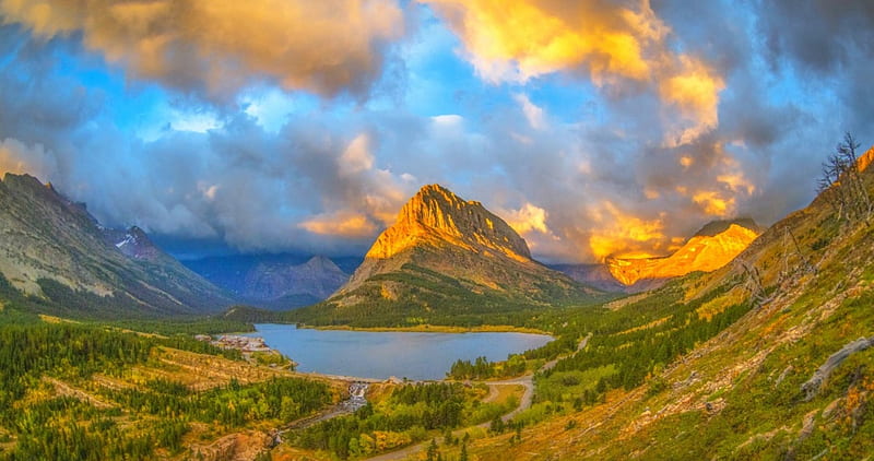 Mount Grinnell, Glacier National Park, forest, trails, mountains, summer, bonito, sunrise, clouds, lake, HD wallpaper