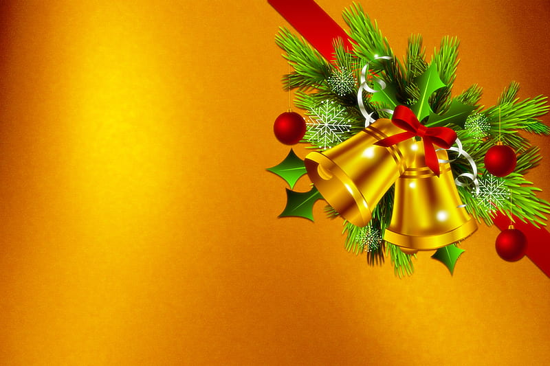 Christmas Bells, Holly, Bells, Gold, Christmas, Seasonal, Festive, HD wallpaper