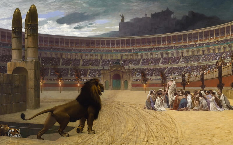 The Last Prayer Of The Christian Martyrs, art, arena, jean leon gerome, luminos, pictura, paintin, lion, HD wallpaper