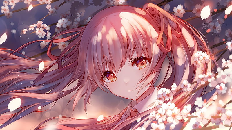 hatsune miku, cherry blossom, smiling, wind, vocaloid, Anime, HD wallpaper