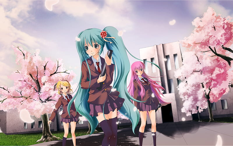 Kagamine Rin, Hatsune Miku, Luka Megurine spring, manga, sakura, Vocaloid, HD wallpaper