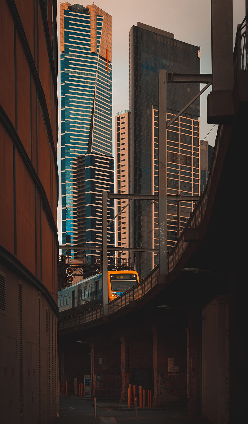 train, railroad, buildings, skyscrapers, HD phone wallpaper