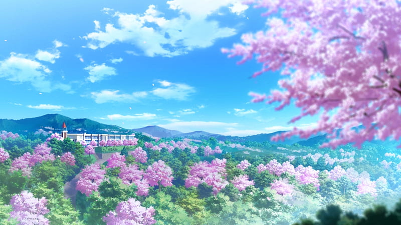 Anime Scenery, Scenery, Mountains, Trees, Anime, Sakura, Mountain, Tree, Nature, HD wallpaper