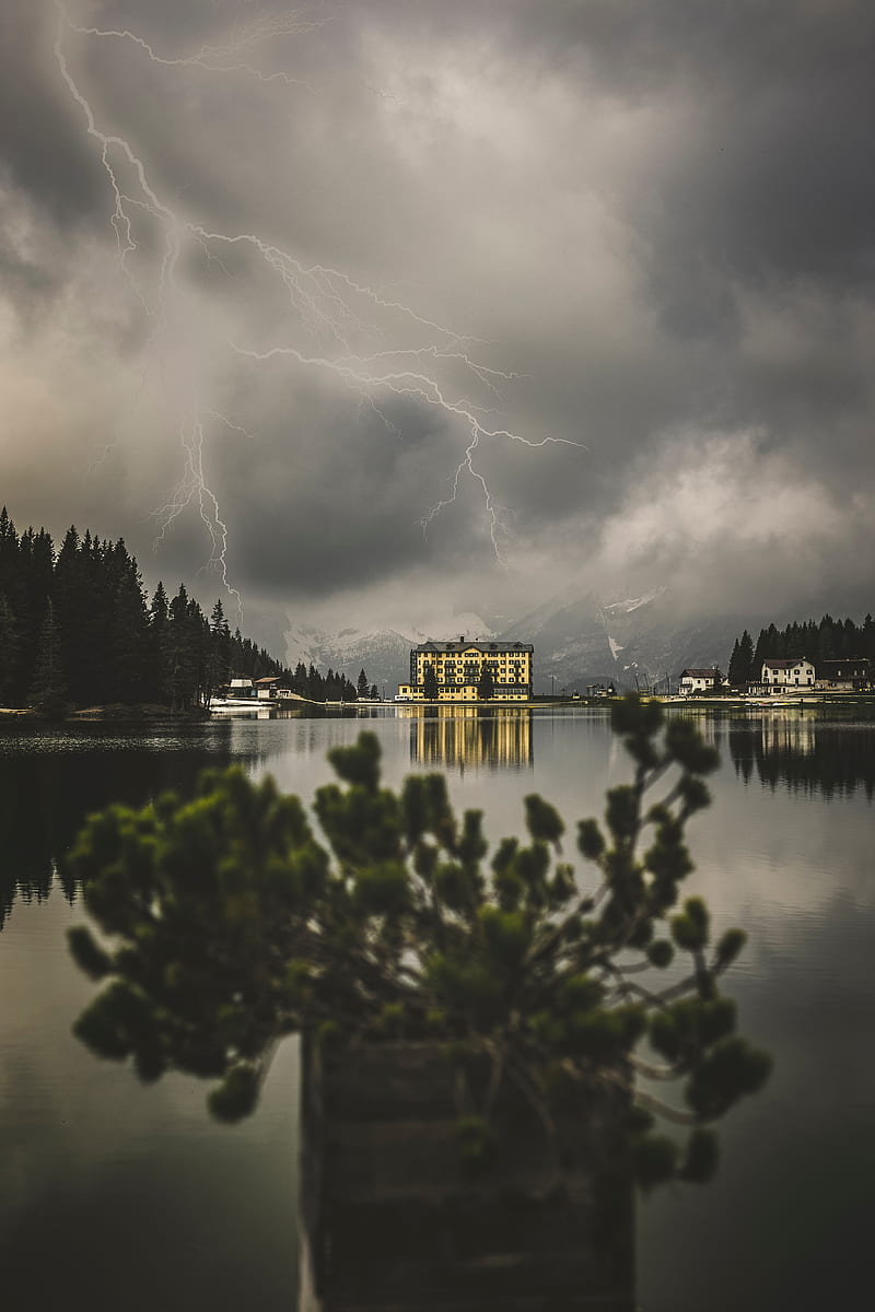 lake, lightning, thunderstorm, mountains, buildings, HD phone wallpaper