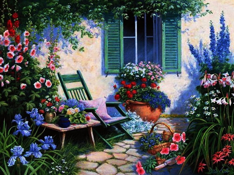 Backyard Flowers, house, window, painting, summer, blossoms, garden, chair, artwork, HD wallpaper