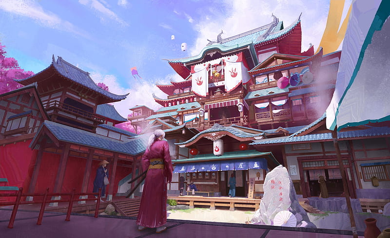 The temple, art, world, fantasy, guoxiang qin, temple, man, pink, white, samurai, HD wallpaper
