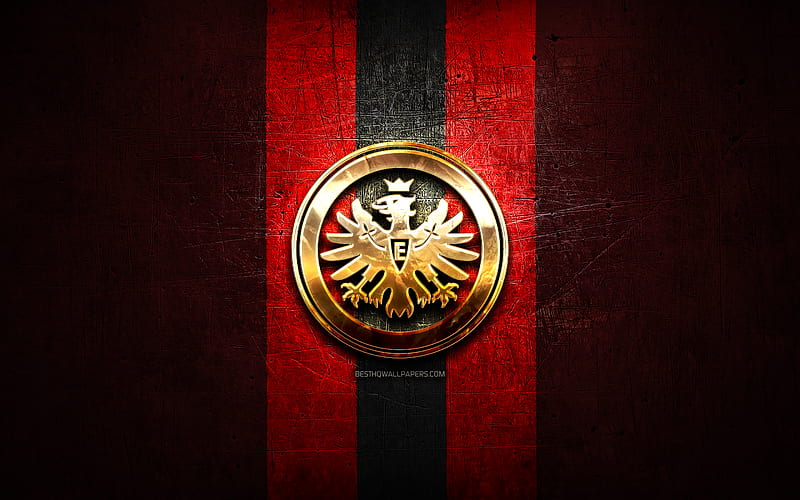 Eintracht Frankfurt, golden logo, Bundesliga, red metal background, football, Eintracht Frankfurt FC, german football club, Eintracht Frankfurt logo, soccer, Germany, HD wallpaper
