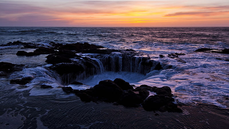 Thor's Well, Cape Perpetua, Oregon, sunset, water, sky, sea, HD wallpaper