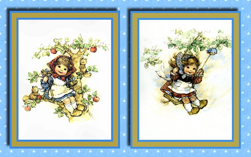 Hummel Girls 1, art, apples, Hummel, artwork, tree, swing, painting, wide screen, scenery, HD wallpaper