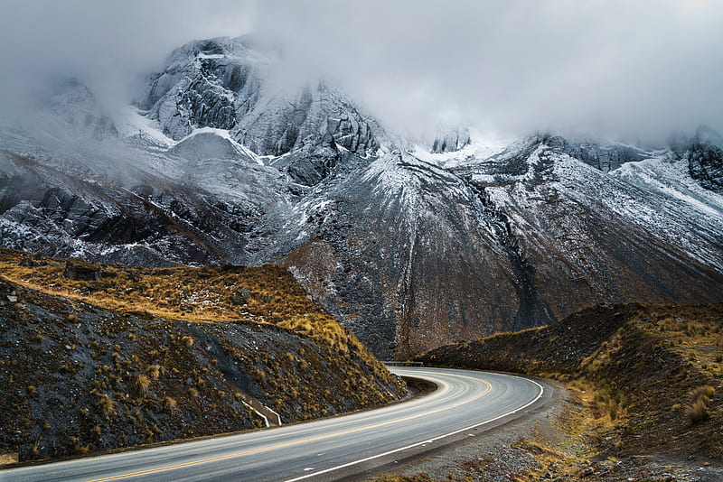 mountains, fog, road, rocks, HD wallpaper