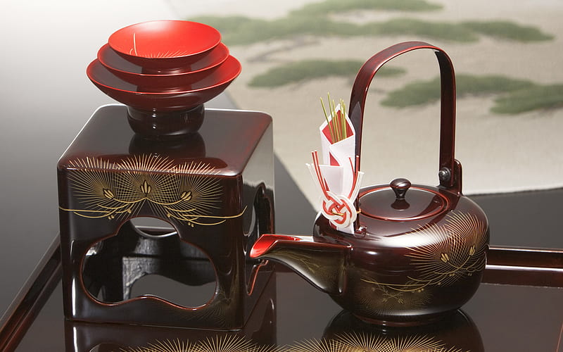 Japanese Tea Time, red, teapot, aromaoil lamp, teacups, brown, bonito, round table, HD wallpaper