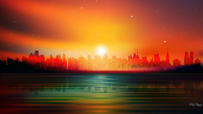 Amazing Sunset City Scape, stars, colorful, sun, orange, buildings, sunset, sky, skyscrapers, city, water, bright, reflection, HD wallpaper