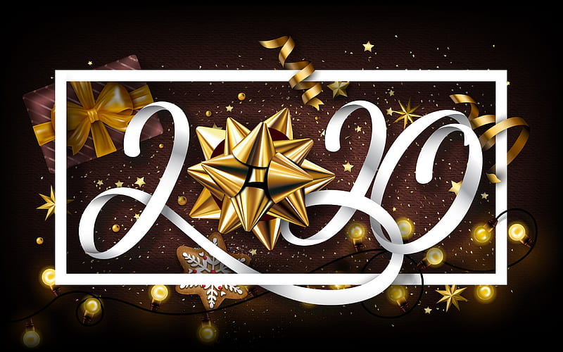 Happy New Year!, christmas, craciun, 2020, golden, black, new year, white, card, HD wallpaper