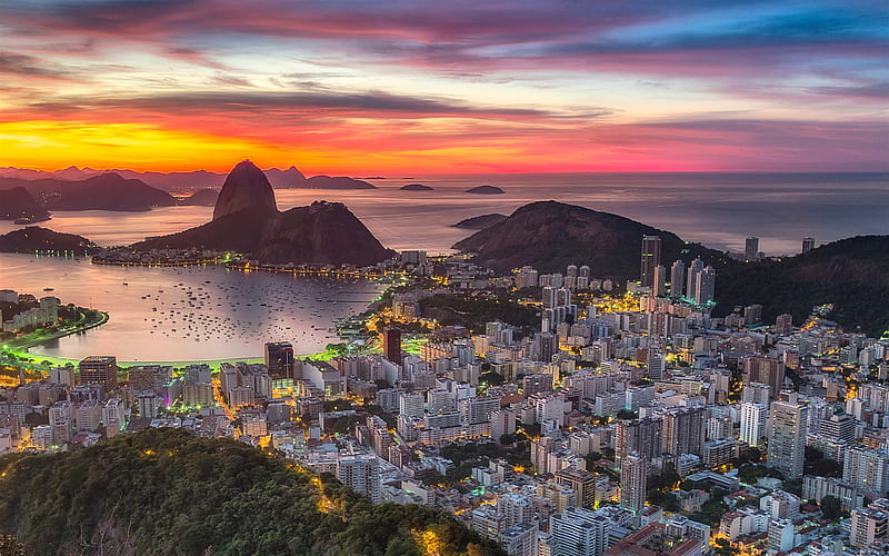 Rio de Janeiro, evening, sunset, brazilian city, ocean, coast, Brazil, HD wallpaper