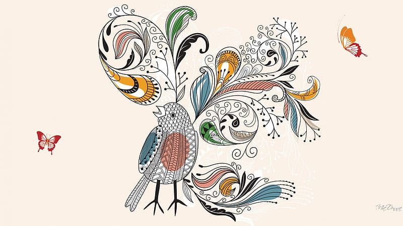Bird Plumage, art, plumage, paint, butterflies, abstract, baroque, bird, light, vector, HD wallpaper