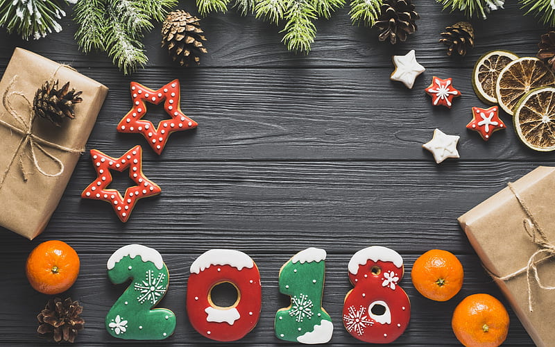 New Year, 2018, cookies, Christmas tree, tangerines, Happy New Year, HD wallpaper
