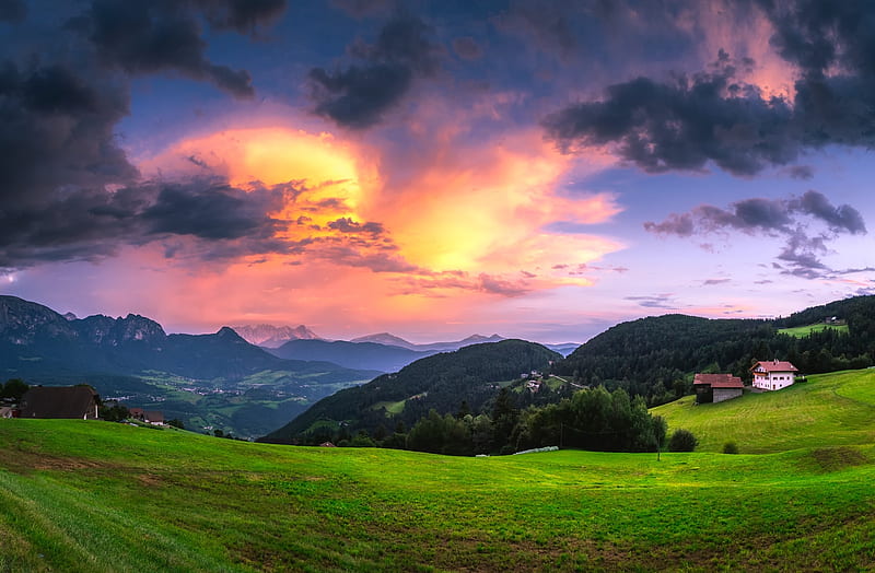 Italian landscape, mountains, sunset, colored sky, tuscany, valley, HD wallpaper