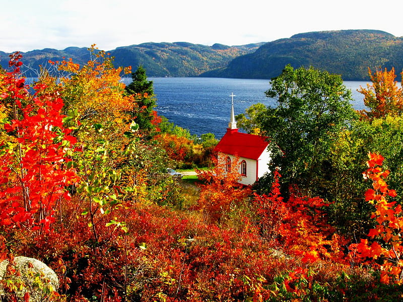 Autumn church, red, fall, autumn, view, church, trees, mountain, leaves, water, nature, HD wallpaper