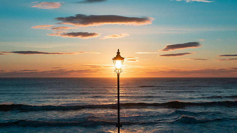 lantern, sea, horizon, sunset, clouds, HD wallpaper