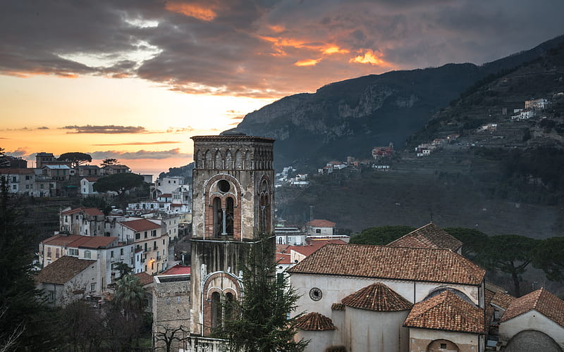 Ravello, Villa Ruffolo, Amalfi Coast, evening, sunset, mountain landscape, Salerno, Campania, Italy, HD wallpaper