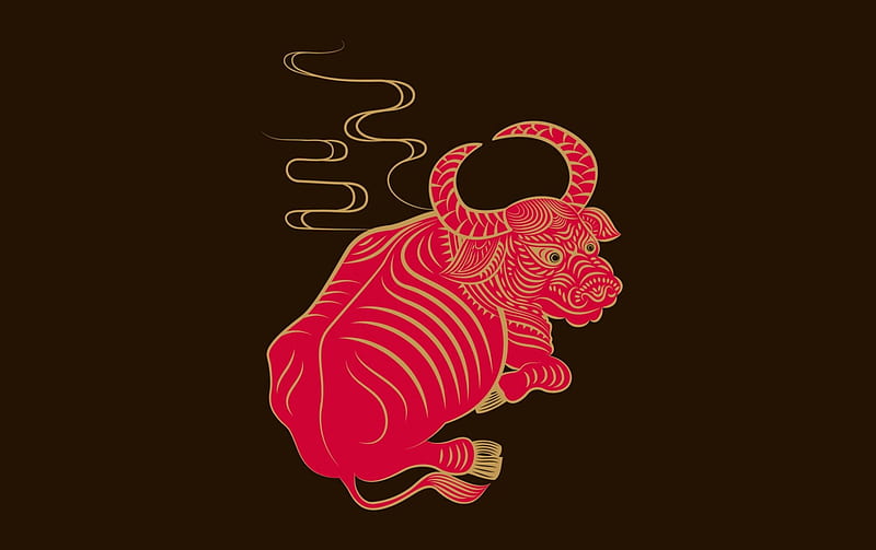 Chinese Zodiac ~ Ox, red, brown, zune, zodiac, ox, animal, horns, fantasy, chinese, HD wallpaper