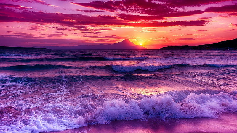 Sunset, orange, sea, wave, beach, water, purple, summer, pink, HD wallpaper  | Peakpx