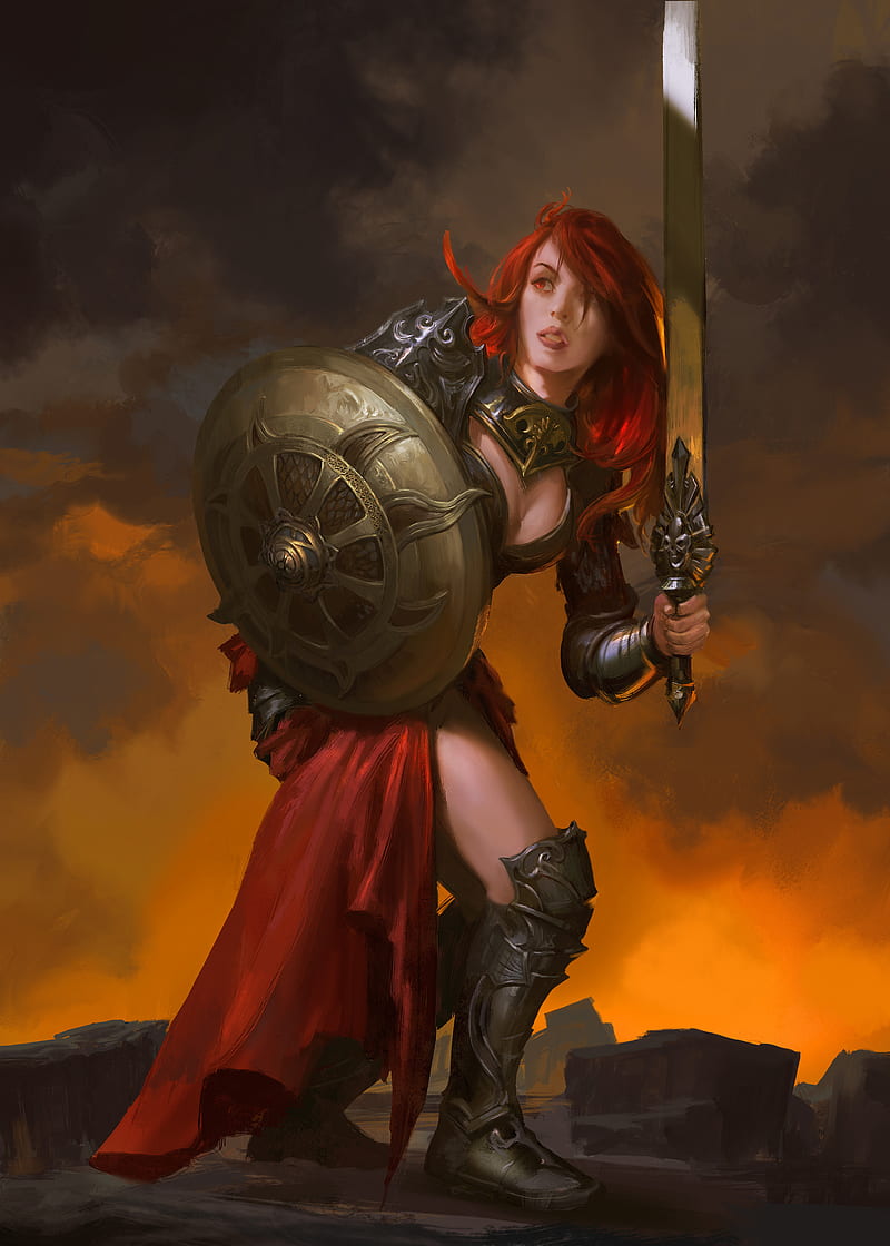 women, fantasy girl, fantasy art, ArtStation, artwork, redhead, girls with swords, shield, weapon, HD phone wallpaper
