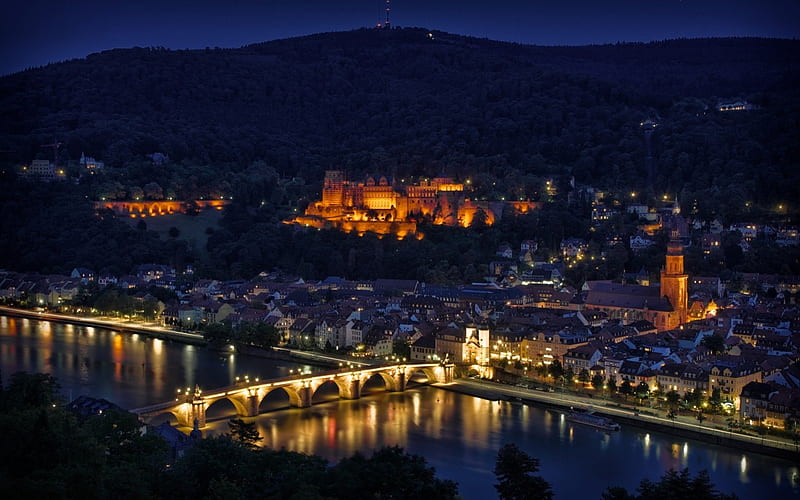 Heidelberg, water, night, lights, HD wallpaper