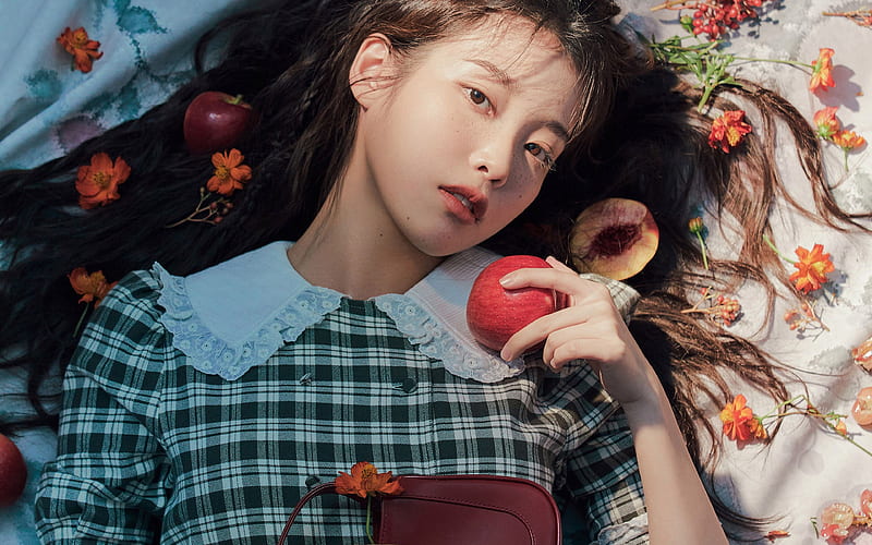iu, girl, kpop, apple, flower, cute, HD wallpaper