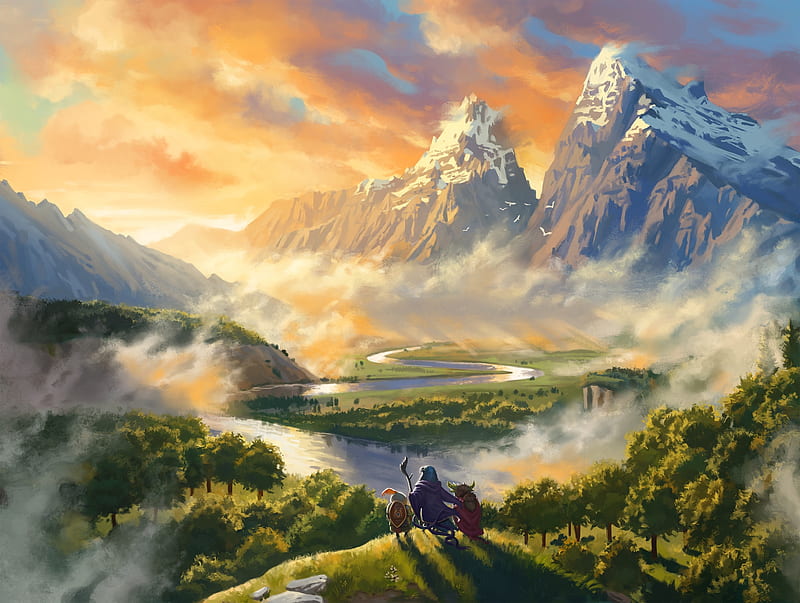 fantasy landscape, mountains, clouds, sunset, scenic, creatures, Fantasy, HD wallpaper