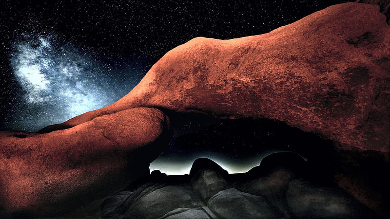 The Milky Way behind Arch Rock in Joshua Tree, California, night, stars, rocks, usa, HD wallpaper