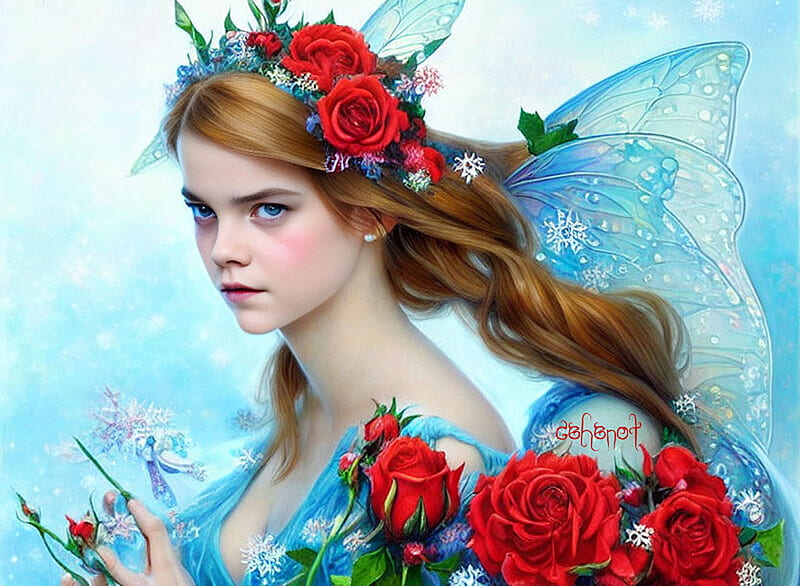 Christmas fairy, blue, winter, by cehenot, frumusete, craciun, gorgeous, girl, cehenot, superb, rose, fairy, fantasy, flower, red, christmas, iarna, wings, HD wallpaper