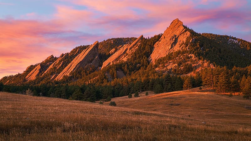 Sunrise Over The Flatirons in Boulder, Colorado, sky, sunset, trees, clouds, colors, usa, HD wallpaper