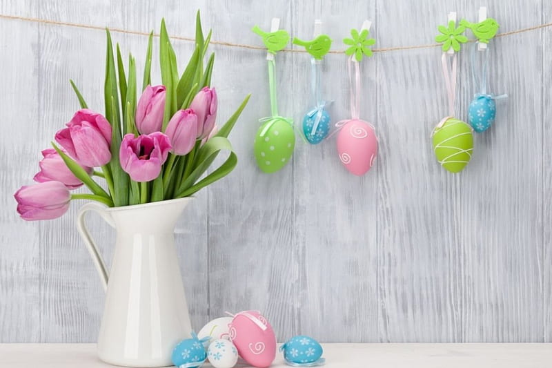 Easter Eggs and Tulips, wooden wall, pitcher, shelf, birds, vase, wall, still life, Easter, eggs, flowers, tulips, Spring, wood, HD wallpaper