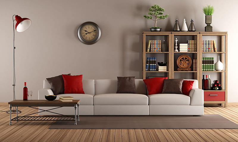 bookcase, sofa, living room, watch, HD wallpaper