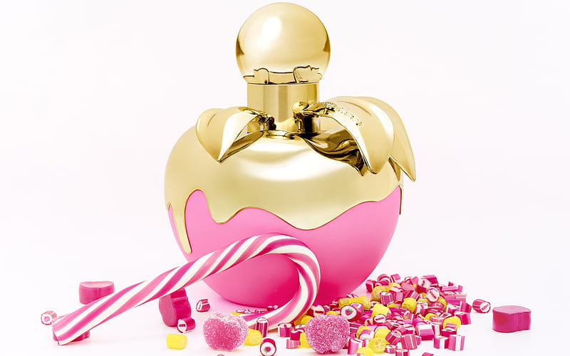 Les Delices de Nina, golden, nina ricci, candy, perfume, bottle, pink, HD wallpaper