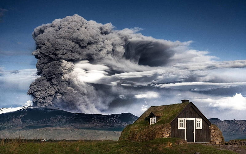 volcano erupting above a rural cabin, mountain, eruption, ash, cabin, smoke, volcano, HD wallpaper