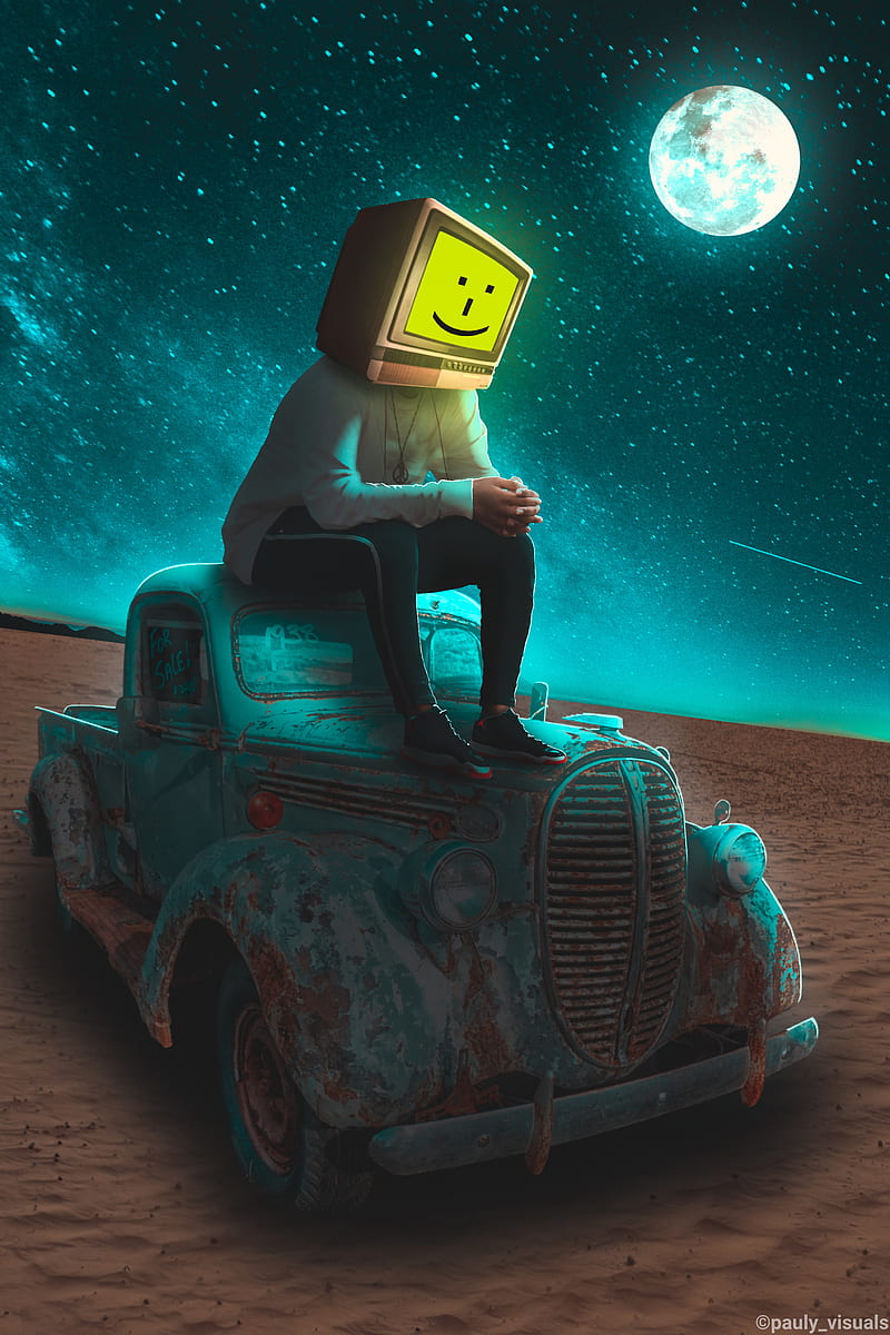 Happy alone, car, lonely, night moon, television, HD phone wallpaper