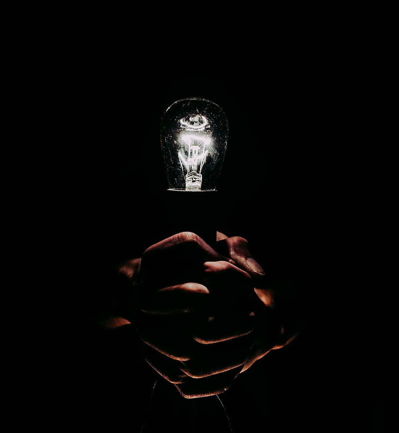 light bulb, hands, fingers, light, electric, dark, HD phone wallpaper