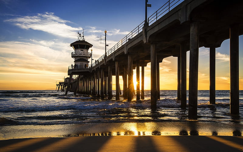Huntington Beach, California, Pacific Ocean, coast, beach, pier, sunset, waves, seascape, USA, HD wallpaper