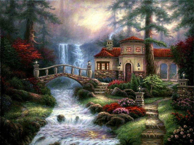 Cottage, forest, bonito, trees, pond, charming, bridge, deep, flowers, HD wallpaper