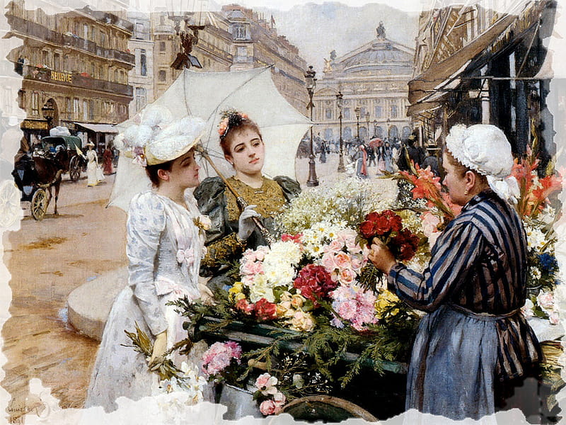 Flower Seller F1, art, deschryver, cityscape, louis m deschryver, artwork, ladies, people, painting, flowers, parasol, scenery, HD wallpaper