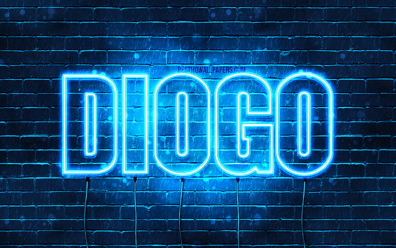 Diogo with names, Diogo name, blue neon lights, Happy Birtay Diogo, popular portuguese male names, with Diogo name, HD wallpaper