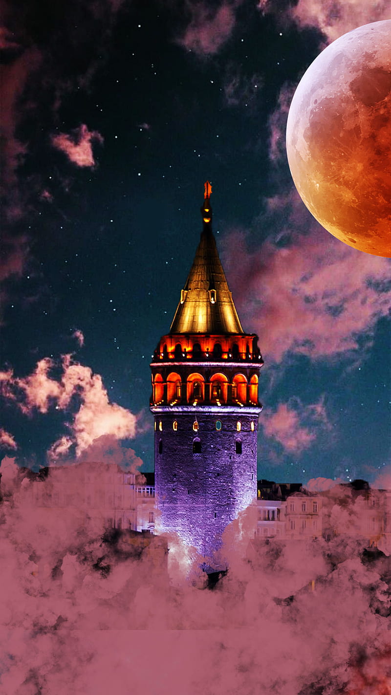 Galata Kulesi, galata kulesi istanbul design ugr şahin uygur pink moon sky, Şahin, HD phone wallpaper