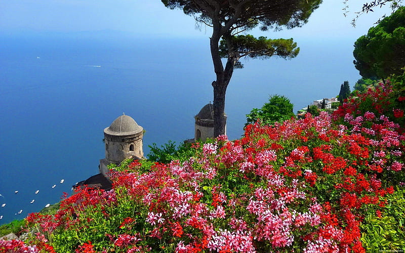 Ravello-Italy, pretty, Italy, travel, bonito, sea, nice, destination, flowers, beauty, horizons, blue, lovely, view, town, place, sky, trees, water, summer, Ravello, HD wallpaper