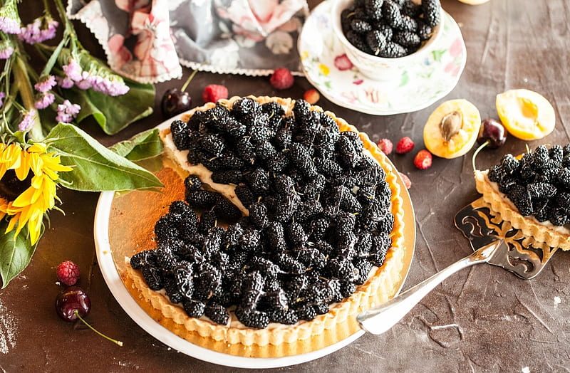 Pie, food, cream, blueberry, HD wallpaper
