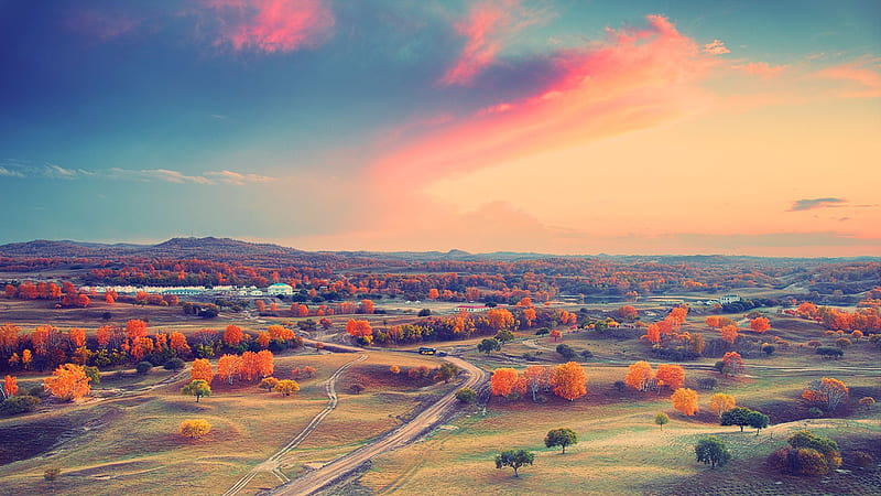 green grass field under orange sky, sky, landscape, red, nature, horizon, clouds, HD wallpaper